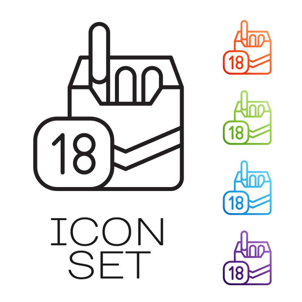 黑线香烟包装盒图标孤立在白色背景上。吸烟的年龄限制。香烟包装。设置图标丰富多彩。向量图片下载