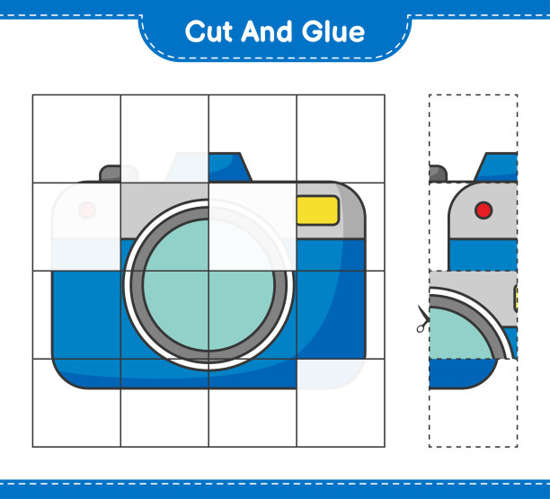 剪切、粘接，对相机零件进行剪切、粘接。教育儿童游戏，可打印的工作表，矢量插图图片下载
