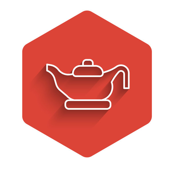 白线油灯图标孤立与长阴影背景。红色的六角按钮。向量图片下载