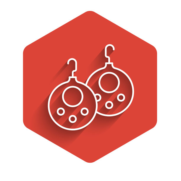 白线耳环图标孤立与长阴影背景。珠宝配饰。红色的六角按钮。向量图片下载