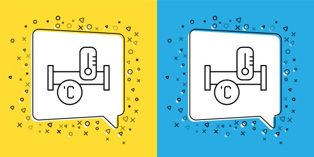 设置线工业金属管道和温度图标孤立在黄色和蓝色背景上。水暖管道零件的形状不同。向量图片下载