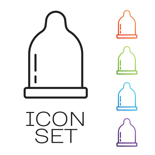 黑线避孕套图标孤立在白色背景上。安全的爱的象征。男性避孕方法。设置图标丰富多彩。向量图片下载