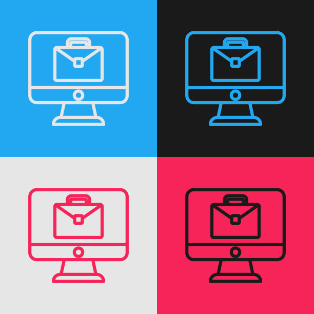 流行艺术线在线工作图标孤立的颜色背景。自由职业者在家里用笔记本电脑工作。远程工作。遥远的工作理念。向量图片下载