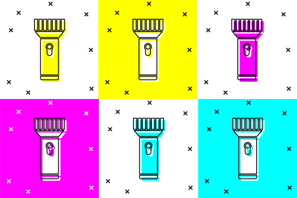 设置潜水员手电筒图标孤立的颜色背景。在水下潜水设备。向量图片下载