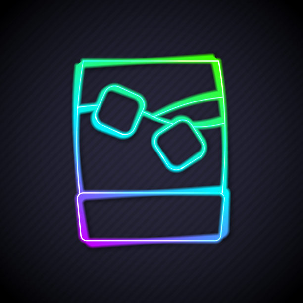 发光的霓虹灯线玻璃威士忌与冰块图标孤立在黑色背景。向量图片下载