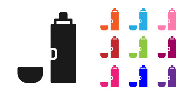 黑色保温瓶图标孤立在白色背景上。热瓶图标。露营和徒步旅行的设备。设置图标丰富多彩。向量图片下载