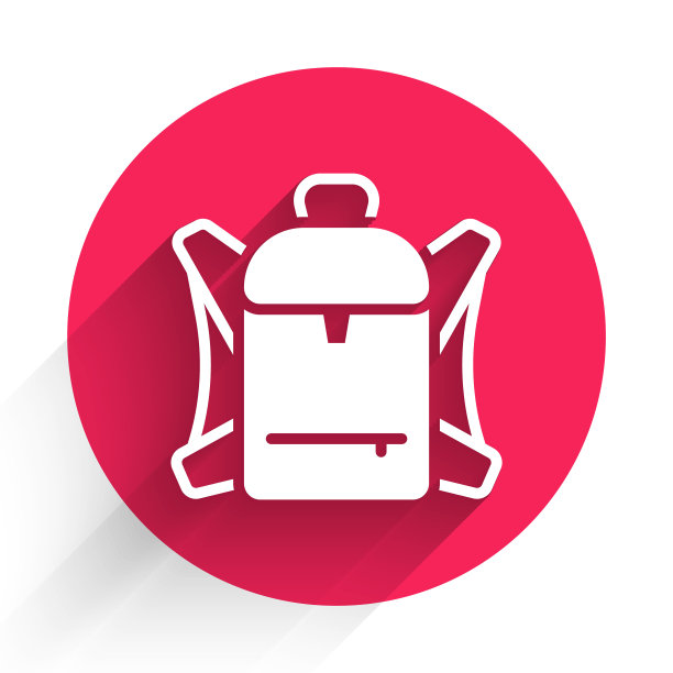 远足背包图标，带长阴影背景。露营和登山探险背包。红色圆形按钮。矢量图片下载