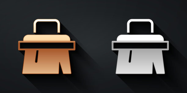 金色和银色桑拿刷图标孤立在黑色背景上。粗刷木刷子，用于浴缸洗涤。反脂肪按摩。长长的阴影风格。向量图片下载