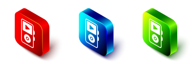 等距音乐播放器图标孤立在白色背景上。便携式音乐设备。红色、蓝色和绿色方形按钮。向量图片下载