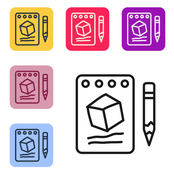 黑色线条素描在纸图标孤立在白色背景上。设置彩色方块按钮图标。向量图片下载