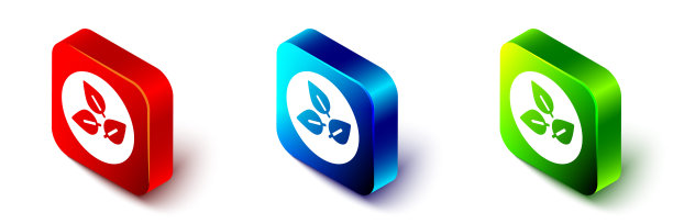 等距茶叶图标孤立在白色背景上。茶叶。红色、蓝色和绿色方形按钮。向量图片下载