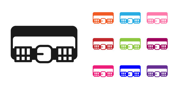 黑色狩猎墨盒带墨盒图标孤立在白色背景上。子弹带的迹象。猎人装备,武器。设置图标丰富多彩。向量图片下载