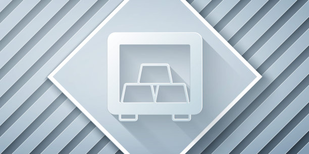 剪纸安全与灰色背景孤立的金条图标。贵重金属在银行的存款。金属财政部。可靠的数据保护。纸艺术风格。向量图片下载