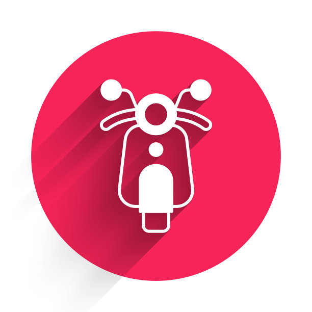 白色滑板车图标孤立与长阴影背景。红色圆圈按钮。向量图片下载