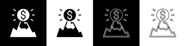 设置山脉与旗帜在顶部图标孤立在黑白背景上。象征胜利或成功的概念。目标的成就。向量图片下载