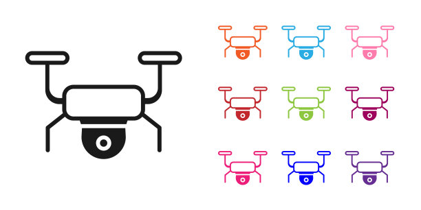 黑色无人机飞行图标孤立在白色背景上。四轴飞行器与视频和照片相机符号。设置图标丰富多彩。向量图片下载