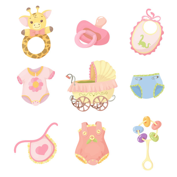一套给小孩穿的衣服和饰品。新生儿的鼓点。货物的孩子。矢量插图孤立在白色背景上。图片下载