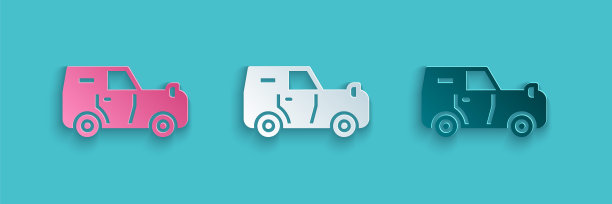 剪纸公路汽车图标孤立在蓝色背景。吉普车的迹象。纸艺术风格。向量图片下载