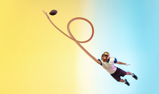 现代设计，当代艺术拼贴。灵感,想法。超现实主义运动。职业男性足球运动员在梯度黄蓝色的背景。图片下载