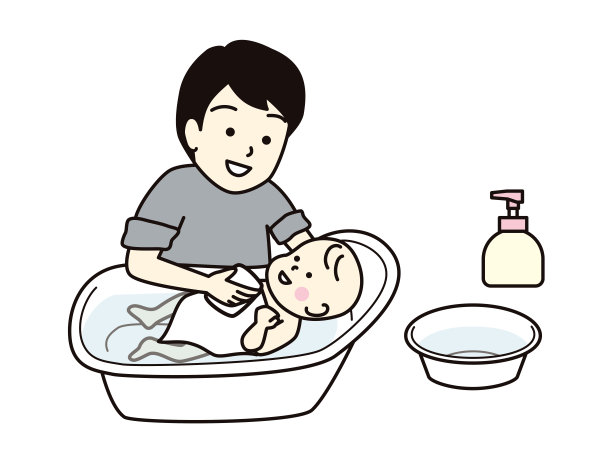 父亲给婴儿洗澡。图片下载