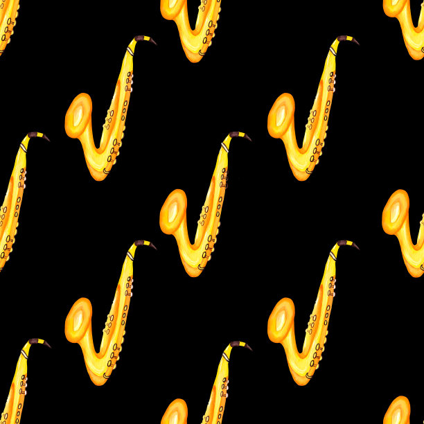 无缝的图案与明亮的黄色抽象萨克斯管在黑色的背景。音乐打印。爵士乐。水彩插图。用于横幅、纺织品的设计。图片下载