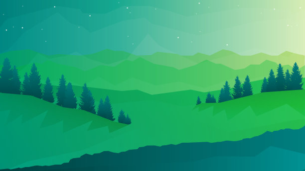 自然景观，自然界的日出景象，山脉和森林，树木的剪影。徒步旅游。冒险。极简主义的图形传单。多边形平面设计优惠券，礼券，礼品卡图片下载
