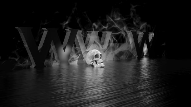 黑暗的网络。3d黑色文本与头骨和烟雾。图片下载
