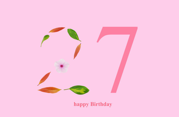 粉色背景的周年纪念材料。由花和叶组成的。27st周年纪念日。生日庆祝活动。图片下载