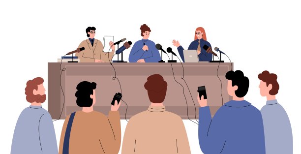 新闻发布会采访平面矢量插图。演讲者演讲时用麦克风。图片下载