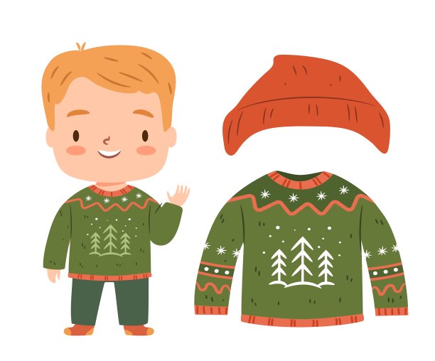 穿冬衣的男孩。一套冬装。矢量平面字符插图图片下载