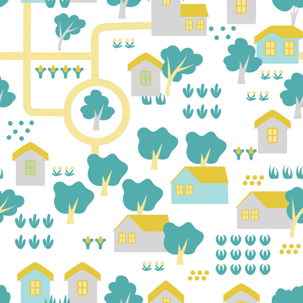 无缝模式的孩子。矢量地图。卡通道路和房子。图片下载
