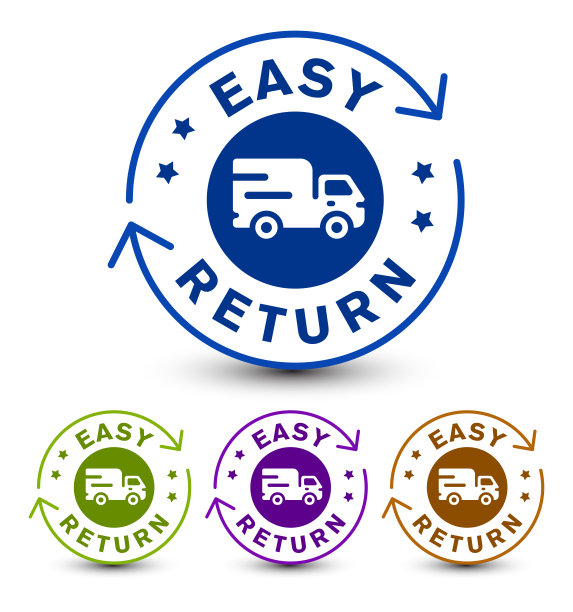 容易返回图标，徽章，一个符号与送货卡车，和四个彩色选项孤立在白色背景。矢量设计。图片下载