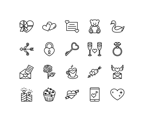 情人节平线图标集。爱的标志-心，丘比特弓，钻戒，糖果巧克力，贺卡，钥匙，泰迪熊。简单的平面矢量插图网站或移动应用程序图片下载