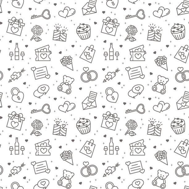 无缝矢量图案情人节。爱的象征-心，丘比特，箭，情人节，礼物，戒指，信息。用于布料、纸张、包装、纺织品、海报、剪贴簿、壁纸或背景、网站或手机应用图片下载