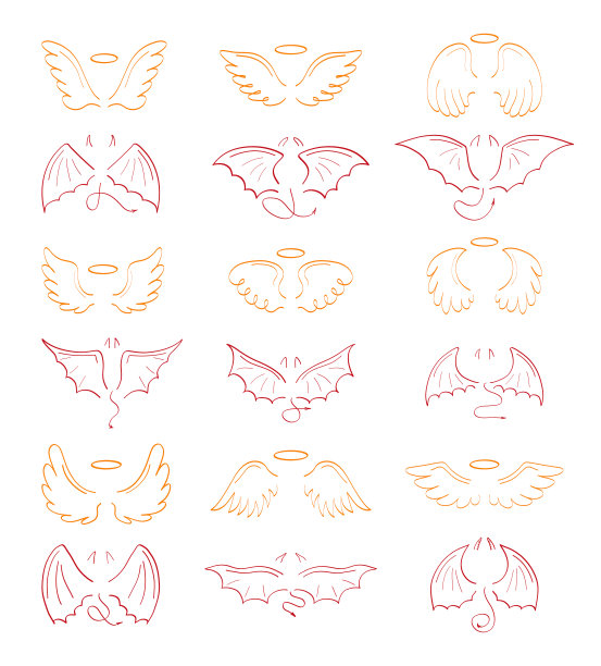天使素描翼集向量。马克笔手绘风格的神圣创造。图片下载