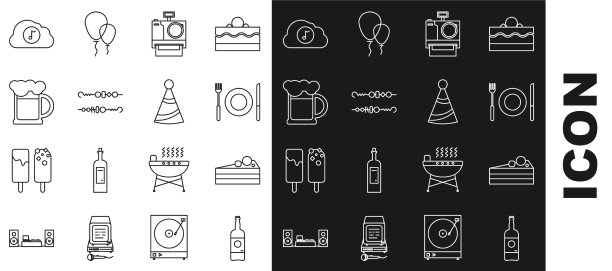 设置线啤酒瓶、蛋糕、盘子、刀叉图片下载