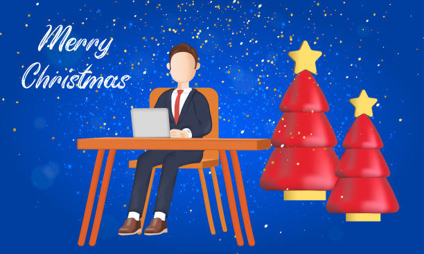 电脑和圣诞树的商人。一个人在平安夜继续工作。适用于新闻媒体、信息等图片下载