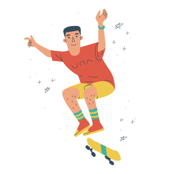 少年玩滑板的男孩。男性白种人溜冰者的彩色插图。孤立的白色背景。图片下载