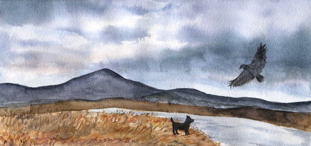 阿拉斯加的秋景——水彩画。多云的天空，山峦的剪影，可爱的小狗看着天空中的鹰。图片下载