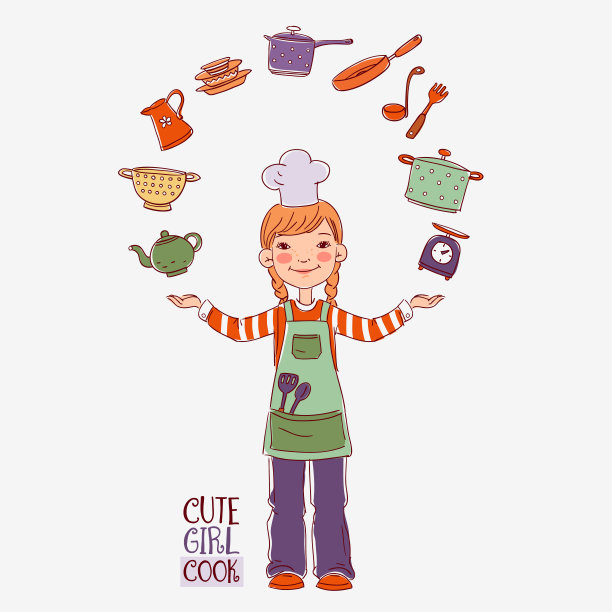 可爱和微笑的女孩，穿着厨师制服在白色的背景。小孩用厨具做饭图片下载