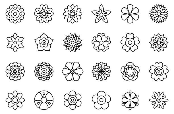 一组春天花线图标孤立在白色背景上。简单的图标。装饰花剪影收集。形状不同而多样。剪纸艺术矢量图图片下载