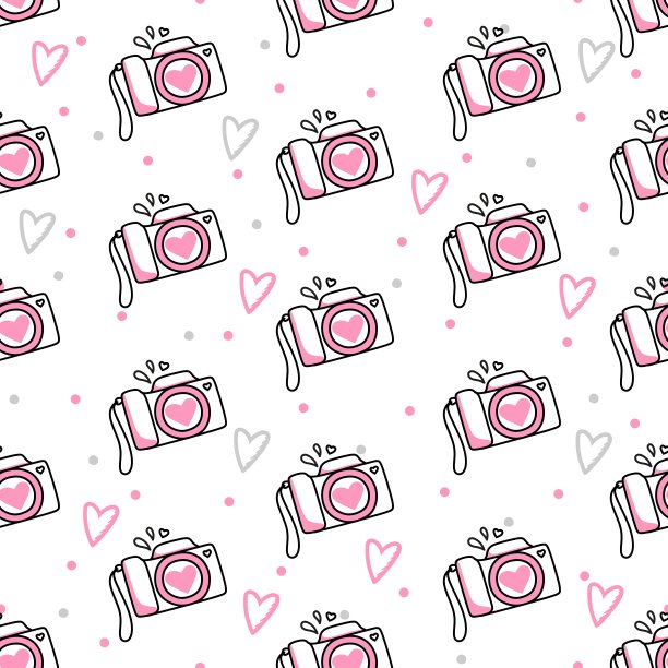 无缝模式的相机和心脏上的白色背景。用在情人节的纺织品，包装纸，背景，纪念品上。矢量图图片下载