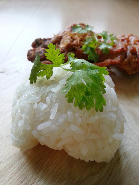 泰式香菜糯米饭配炸鸡特写图片下载