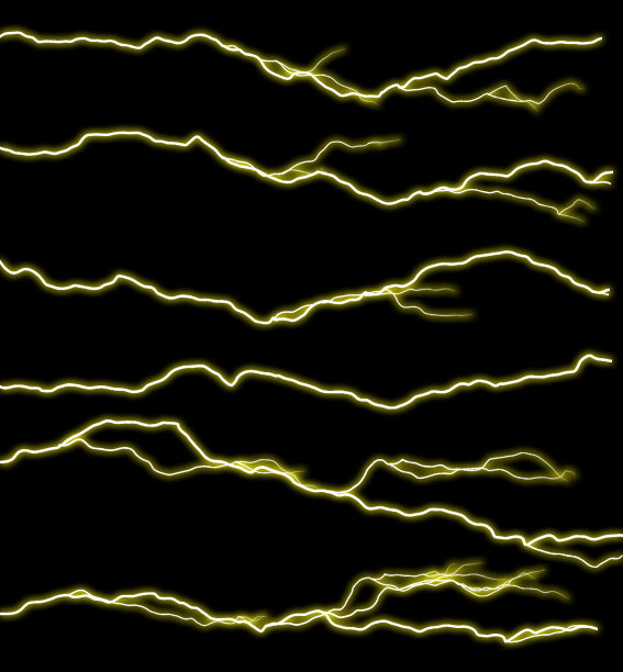 黄色的雷击。现实的闪电。电雷闪电风暴闪电雷暴云中。闪电在黑色背景上的拼贴画。图片下载