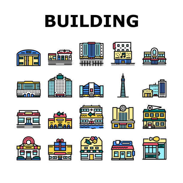 建筑餐厅和商店图标集向量图片下载