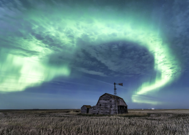 加拿大萨斯喀彻温省，明亮的北极光在老式谷仓、垃圾箱、风车和胡茬上旋转图片下载