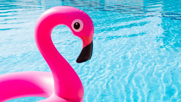 塑料火烈鸟。粉红色充气火烈鸟在泳池水为海滩背景。时尚的夏天的概念。图片下载