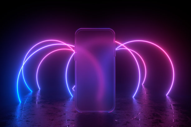 黑屏玻璃透明移动智能手机与发光的霓虹灯背景图片下载