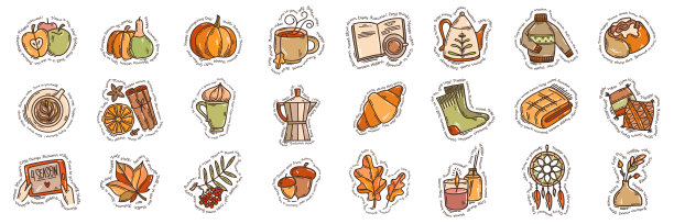 一套颜色手绘秋天情绪矢量涂鸦风格插图图片下载