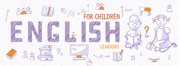 儿童语言学校或课程的横向网络横幅。教和学英语。蓝色轮廓图标，符号，标志上的白色背景。全景线艺术插图，矢量图片下载